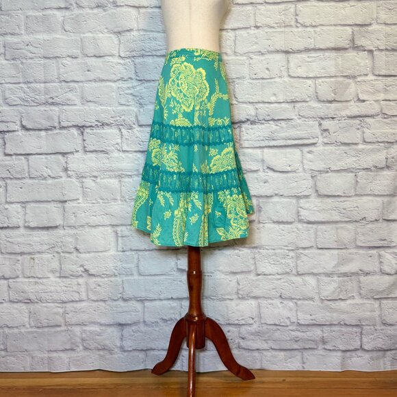 Anthropologie Odille Teal & Chartreuse Paisley Knee-Length Skirt - Picture 3 of 9